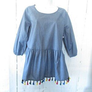 New Pleione Top XS Petite Denim Chambray Tassel Fringe Boho Festival